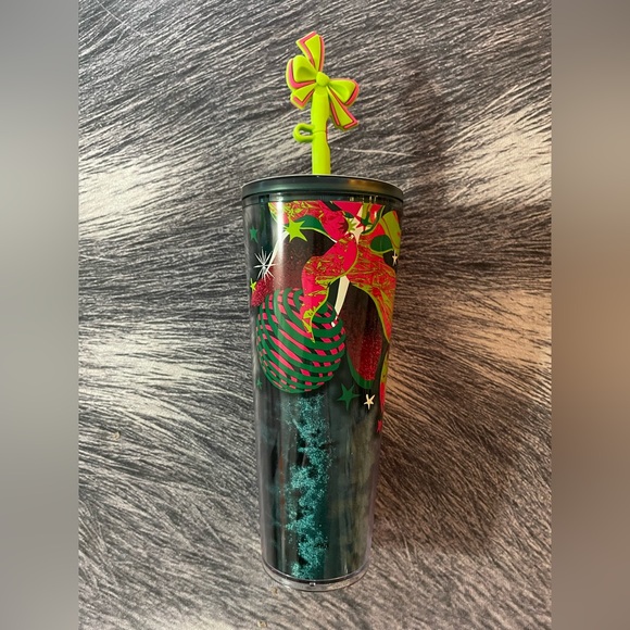 NEW - Starbucks Holiday Ribbon 24oz Green & Red Straw Topper Tumbler - Picture 2 of 6
